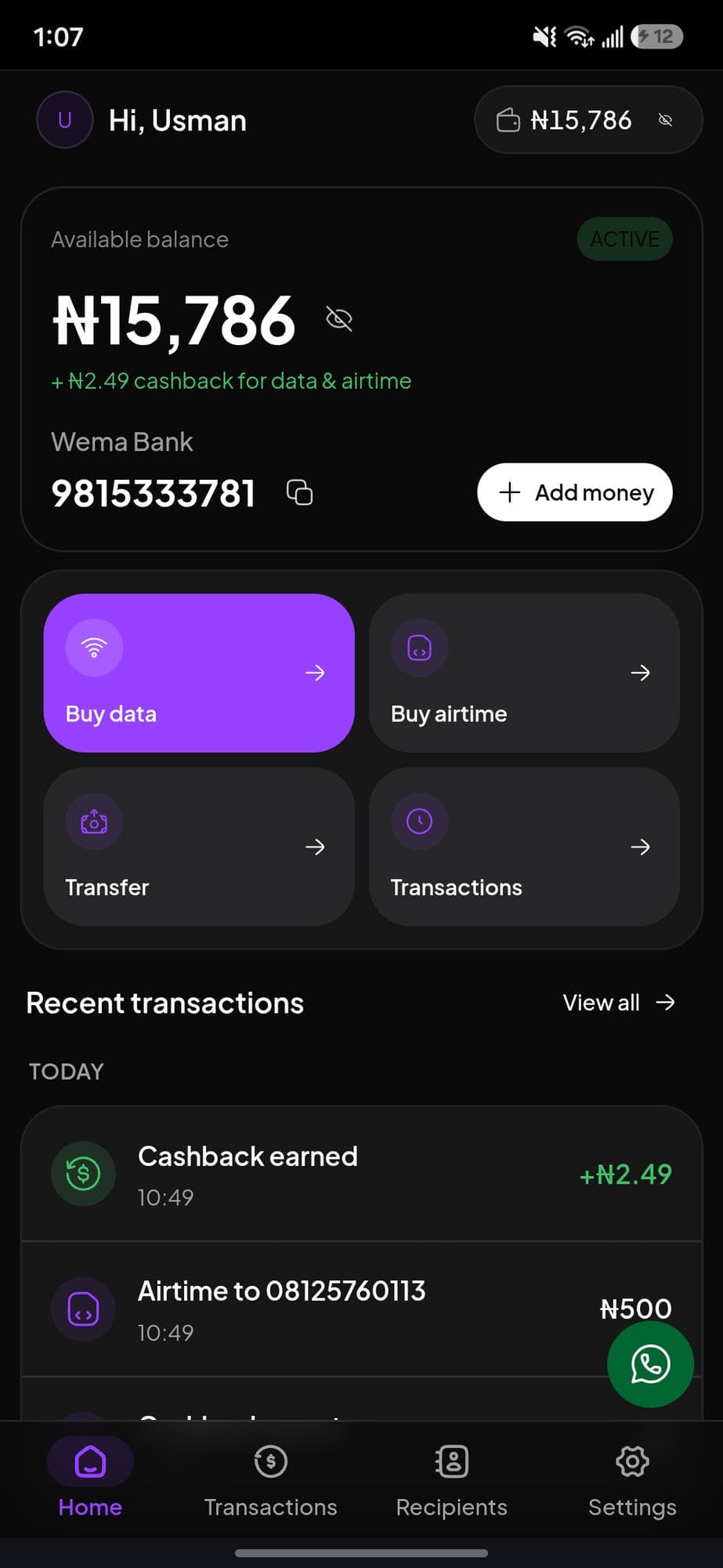 Billi dashboard in dark mode showing wallet balance, quick actions, and recent transactions