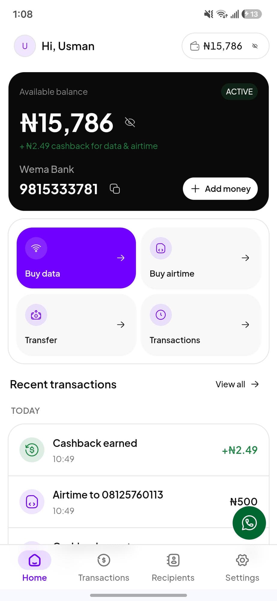 Billi dashboard showing wallet balance, quick actions, and recent transactions