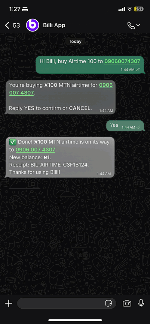 WhatsApp conversation where Billi delivers MTN airtime after a single message